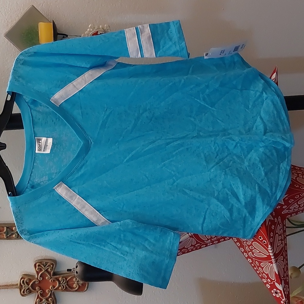 Soffe 3/4 sleeve light blue burnout v neck shirt